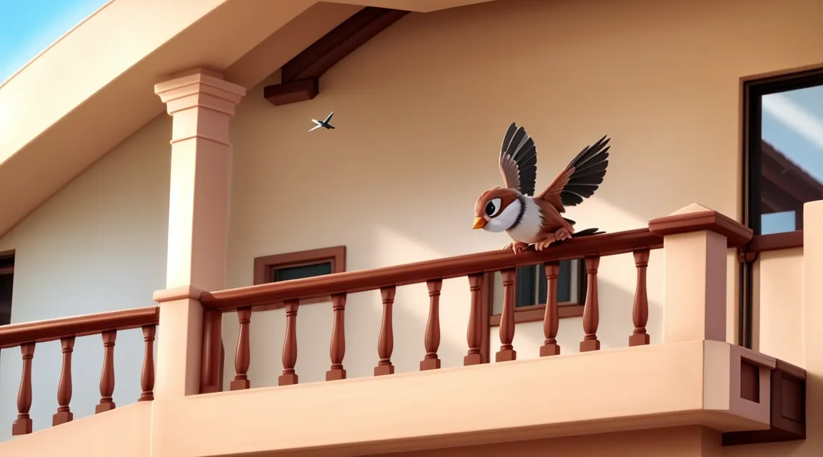 a bird that is sitting on top of a balcony, 3d animation,