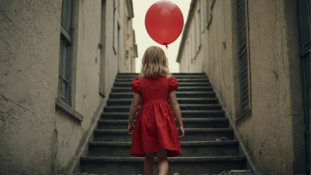 a little girl in a red dress walking upstairs holding a red balloon