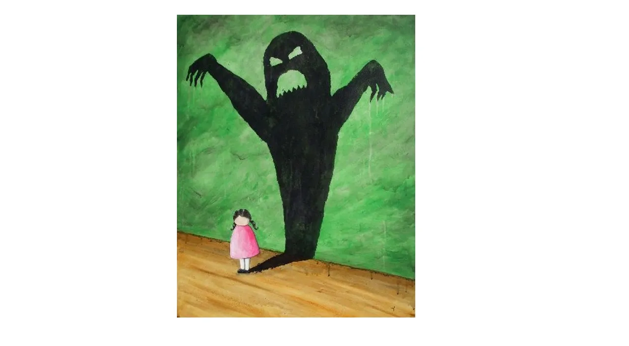 a painting of a girl standing in front of a monster