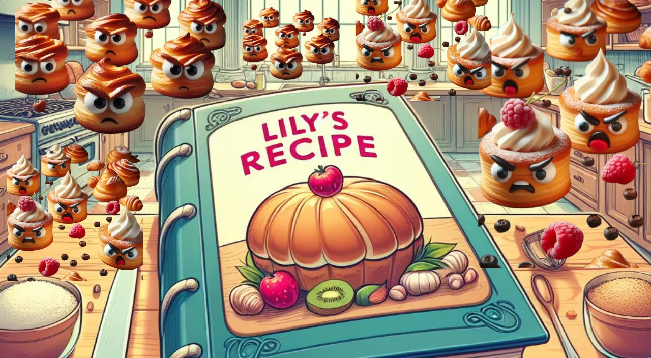 a cartoon picture of a cookbook surrounded by moving baked goods