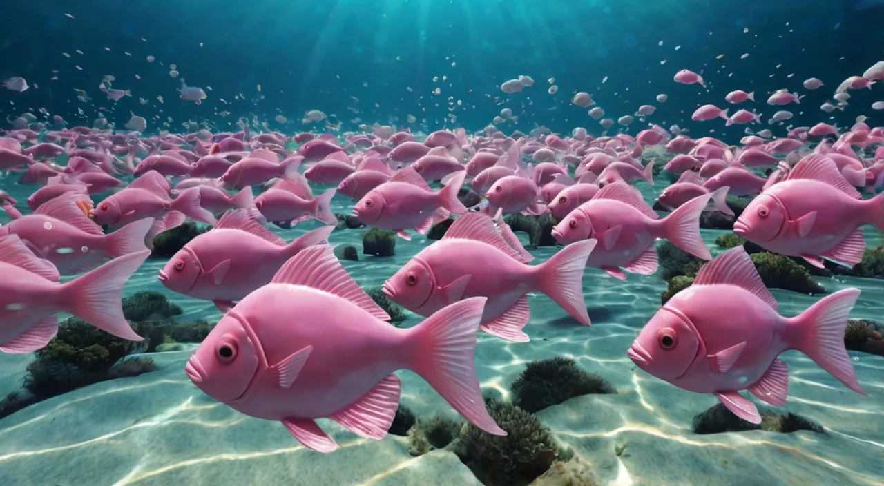 a large group of pink fish swimming in the ocean