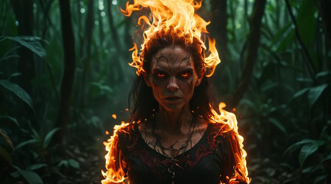 a woman in a forest with fire on her face