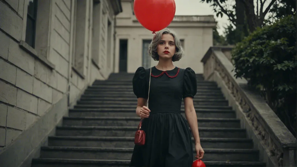 a woman in a black dress holding a red balloon