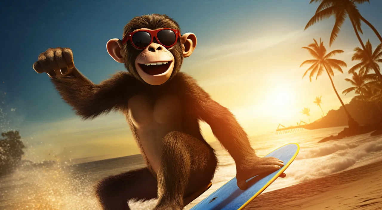 a monkey with sunglasses riding a surfboard on the beach