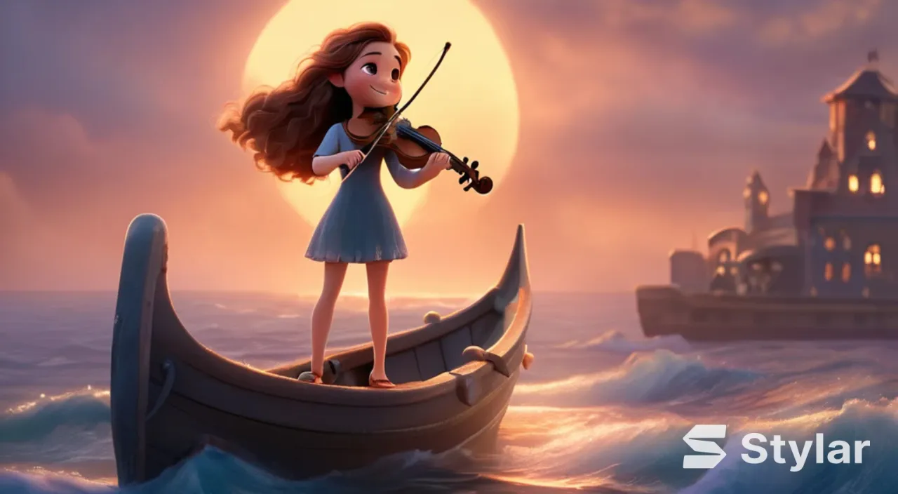 A young and beautiful girl with long hair, the girl is smiling, the girl is standing on a boat on the sea playing the violin, surrounded by the endless ocean