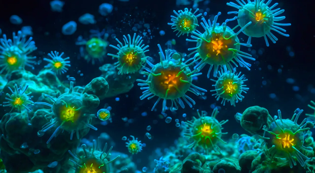 a group of green and yellow sea anemones germs and bacteria. Floating in the water, Glowing light and movement mixed together