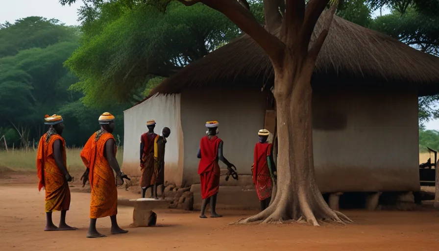 a group of people standing around a tree