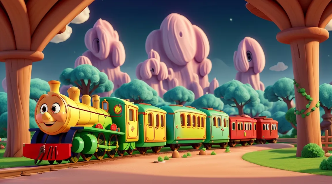 a cartoon train traveling through a lush green forest