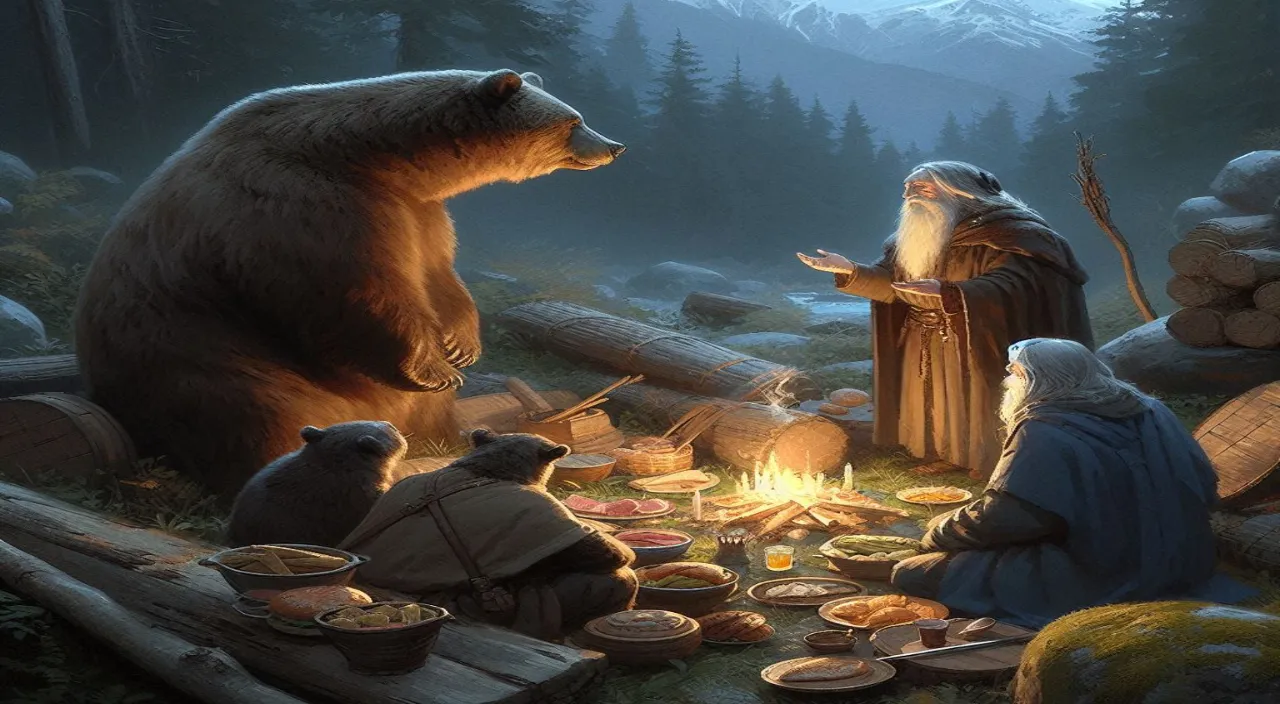 a painting of a bear and two people sitting around a campfire