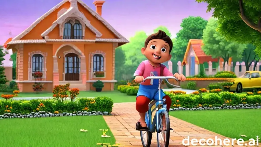 a cartoon boy riding a bike in front of a house