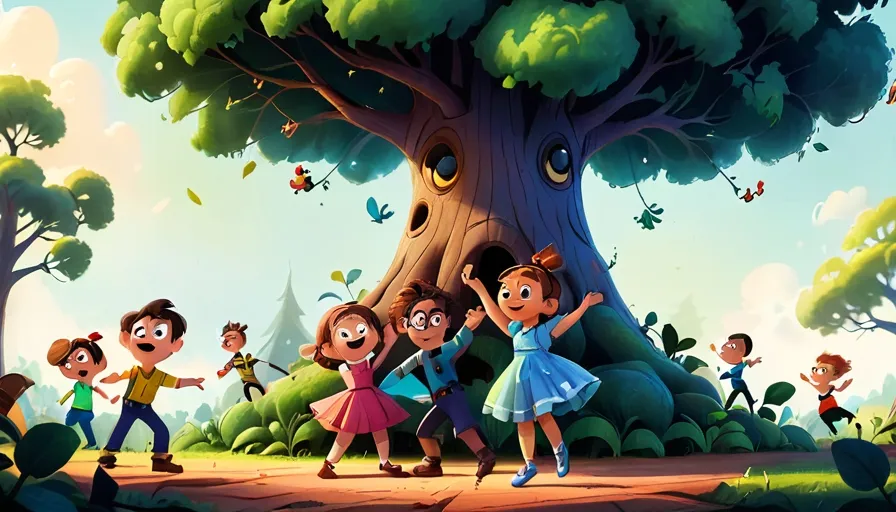 a group of children playing in front of a tree