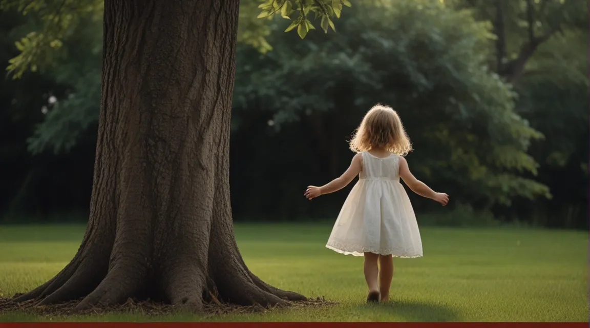 a little girl standing in front of a tree