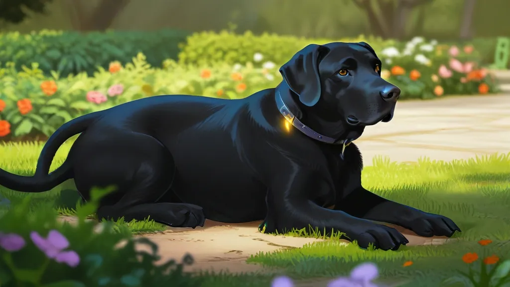 a black dog is laying in the grass