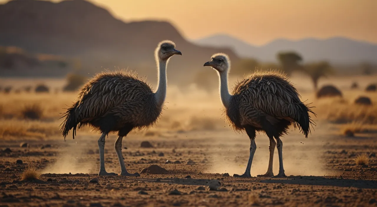 two ostriches are standing in the desert