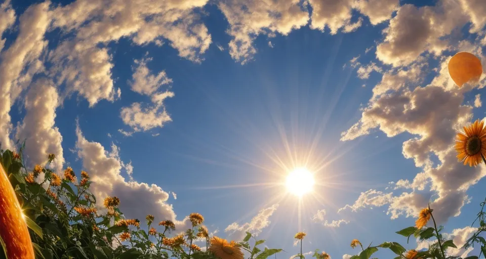 the sun shining through the clouds over a field of sunflowers moving slowly. 