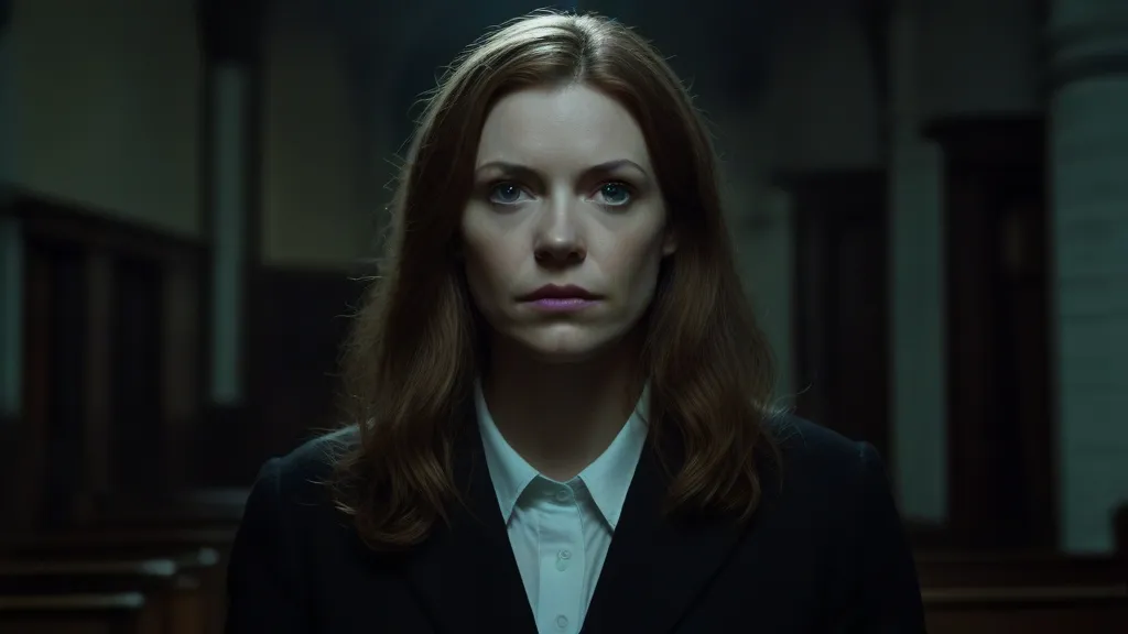 a woman standing in a courtroom looking at the camera