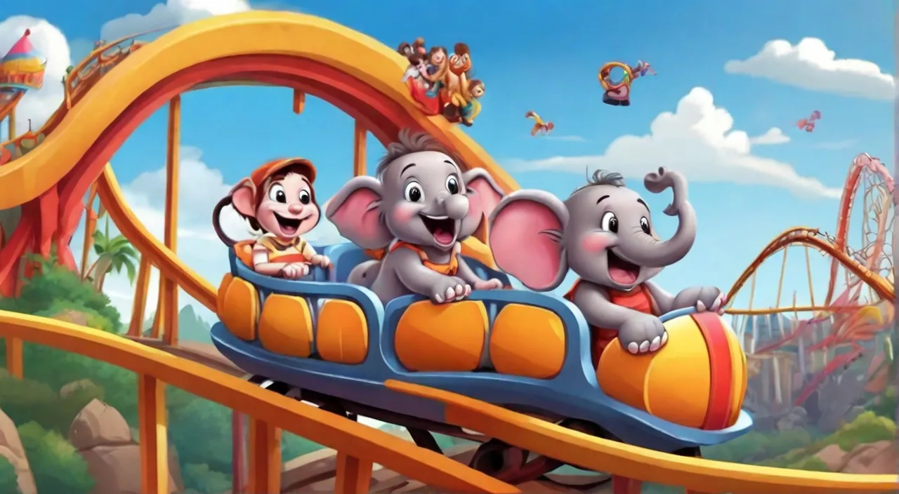 three elephants are riding on a roller coaster. Cartoon