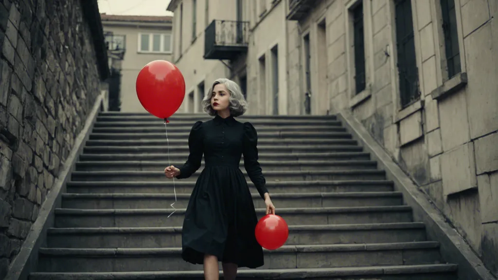 a woman in black walking downstairs holding a red balloon