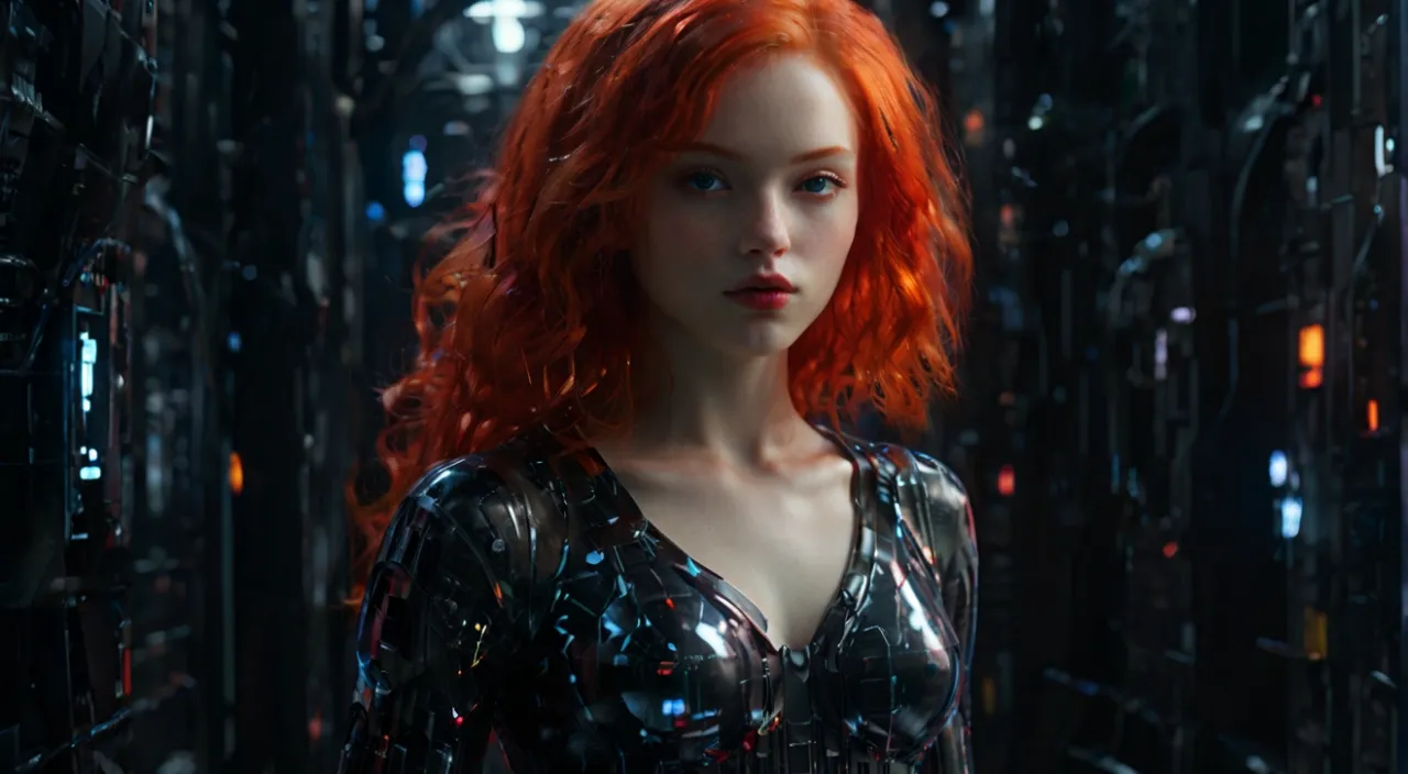 a woman with red hair in a futuristic setting