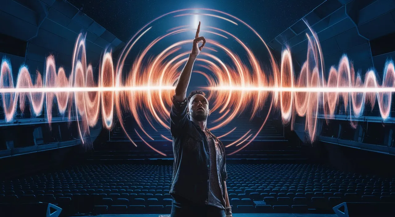 a man standing in front of a sound wave