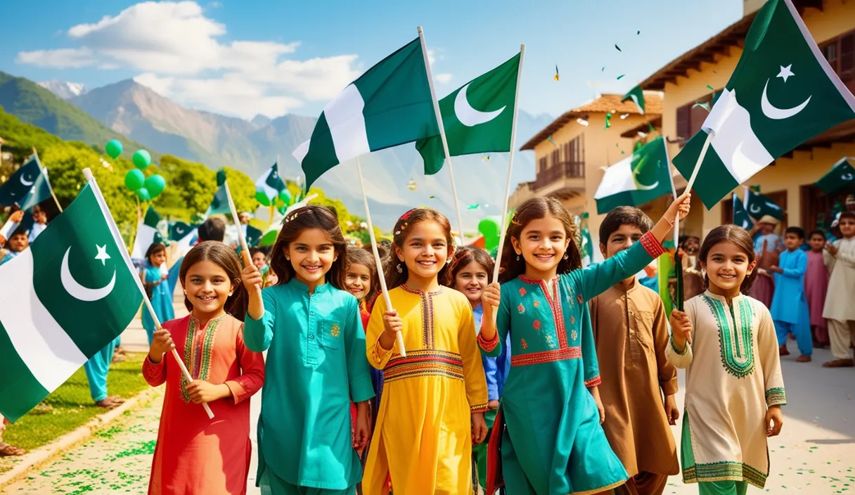 Pakistani children celebrating independence day holding Pakistani flags in beautiful Pakistani town 