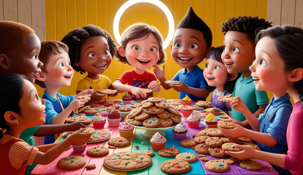 a group of children sitting around a table with cookies