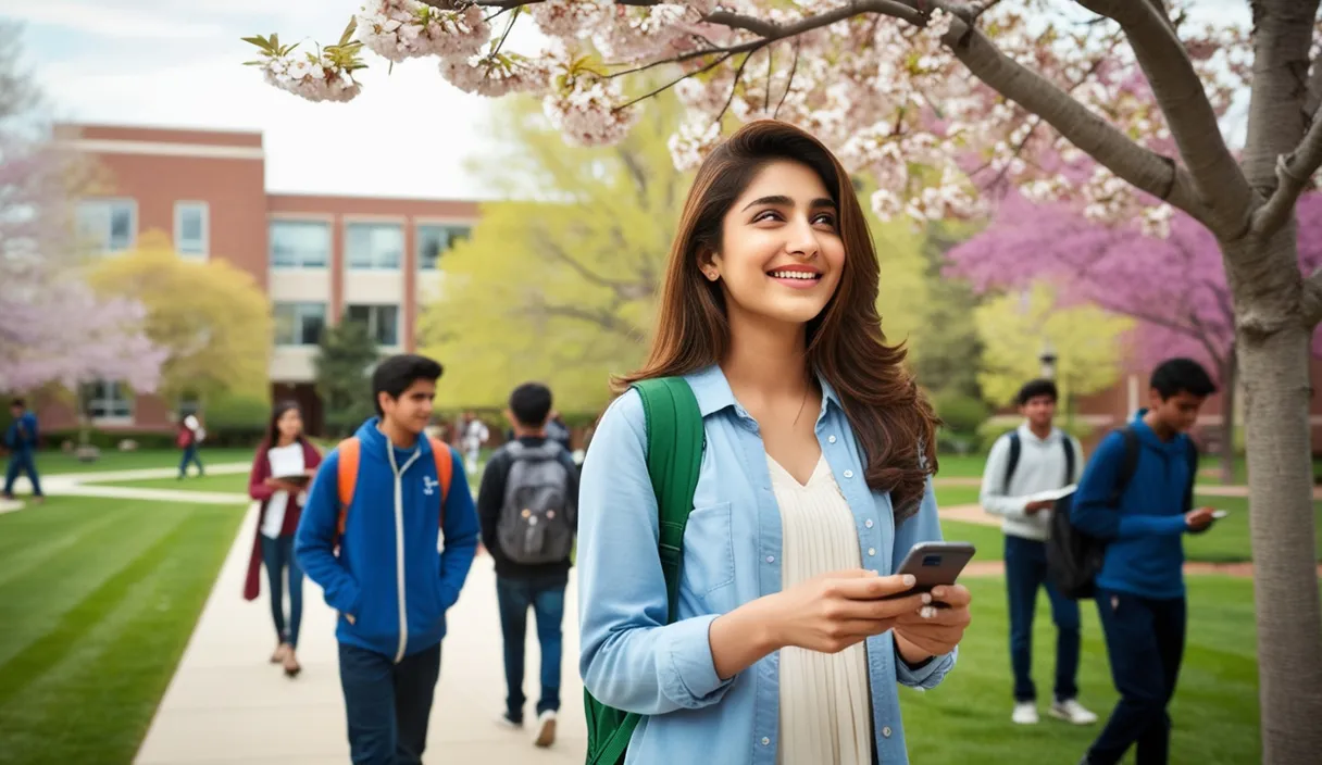 Campus Serenade: On a university campus, a Pakistani girl walking under a blossoming tree, a Bollywood song softly playing from her phone. The 4K wide shot captures students walking by and studying, but her smile and dreamy gaze reveal she is thinking about her boyfriend, who is attending a university in the United States, lost in her own romantic world.