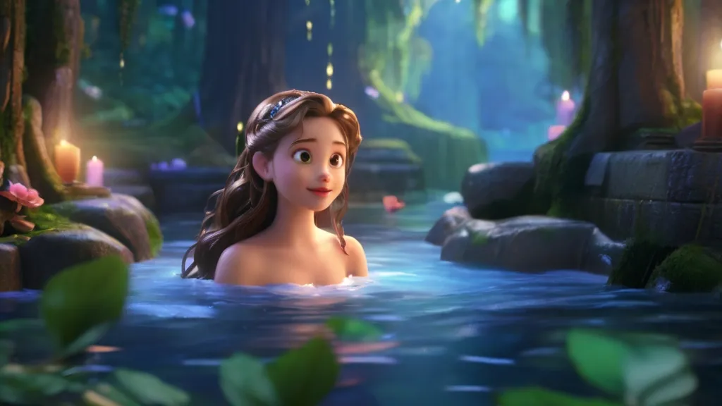 a lady in a pool of water surrounded by a magical forest