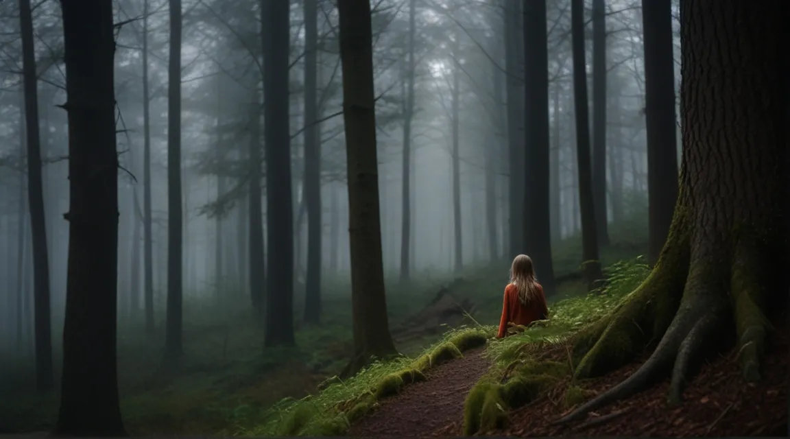 a person sitting on a trail in the middle of a forest