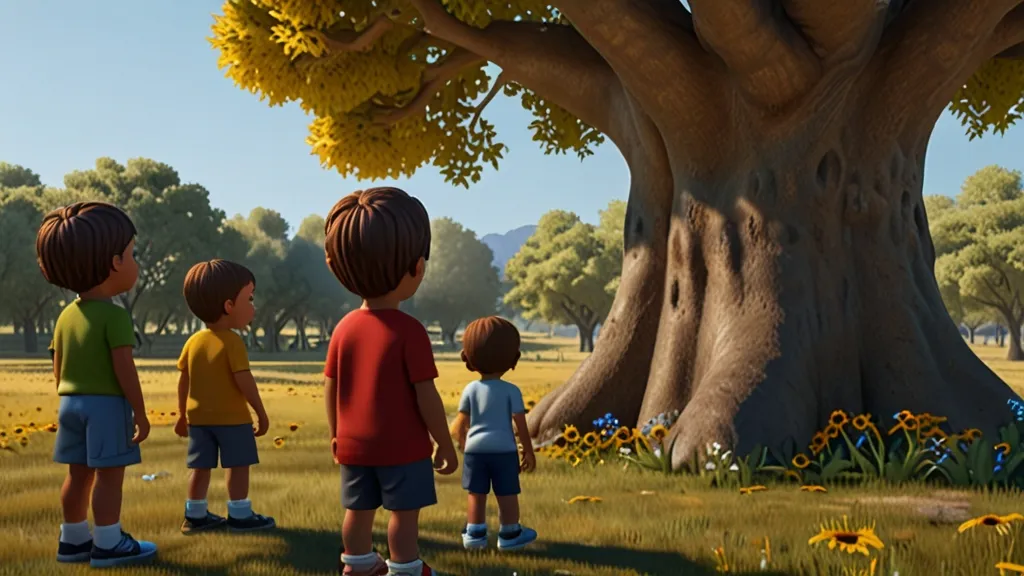 a group of children standing in front of a tree