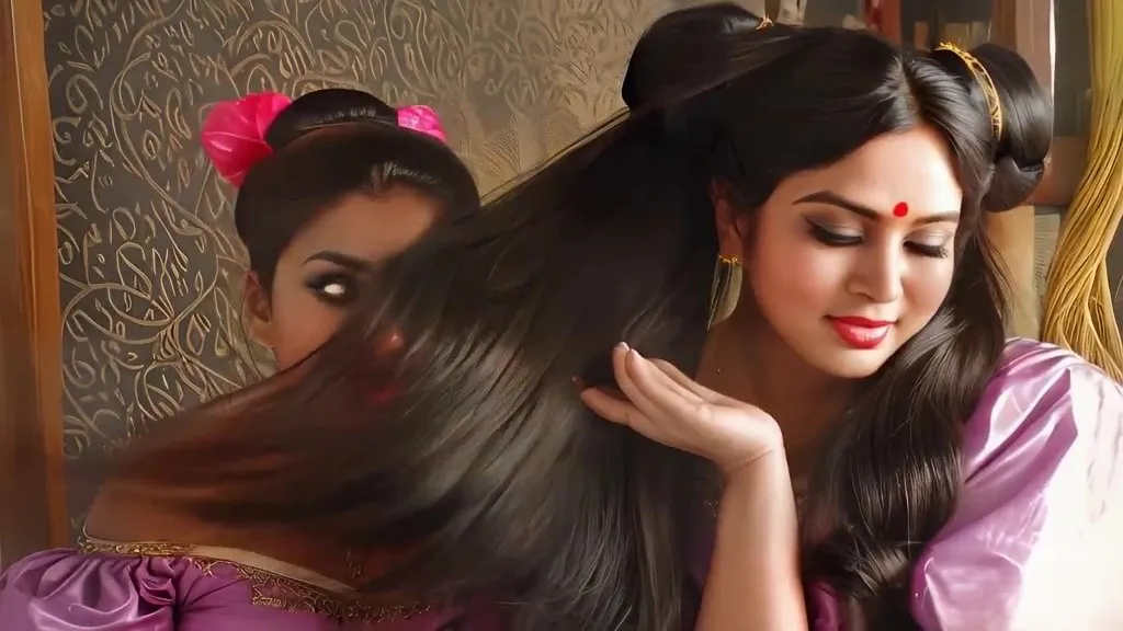 a woman is straightening her long hair in front of a mirror