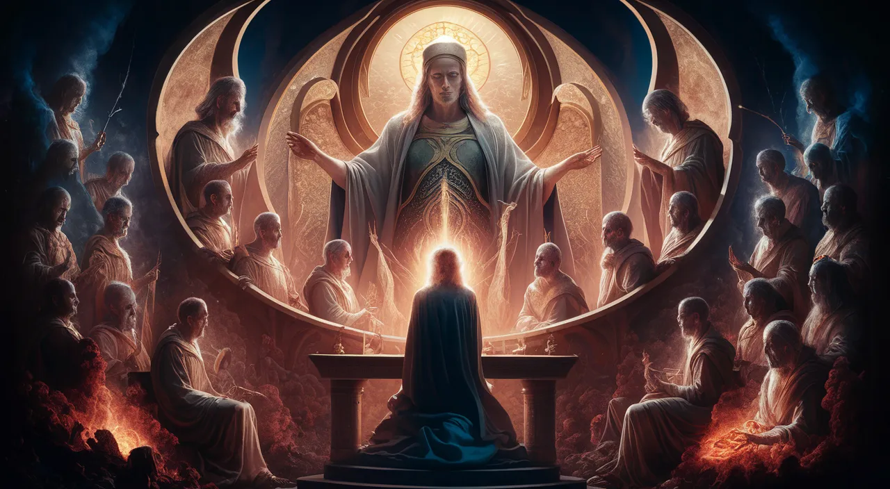 a painting of jesus surrounded by angels