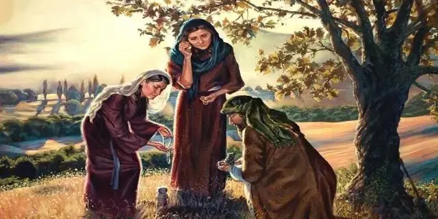 a painting of three women in a field