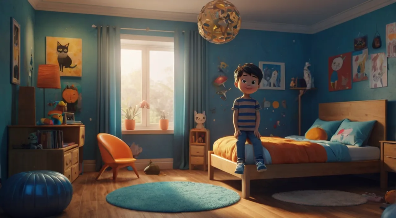 a child's bedroom with blue walls and wooden floors