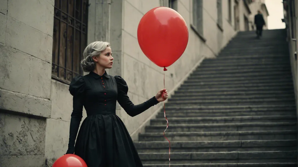 a woman in a black dress walking downstairs holding red balloons