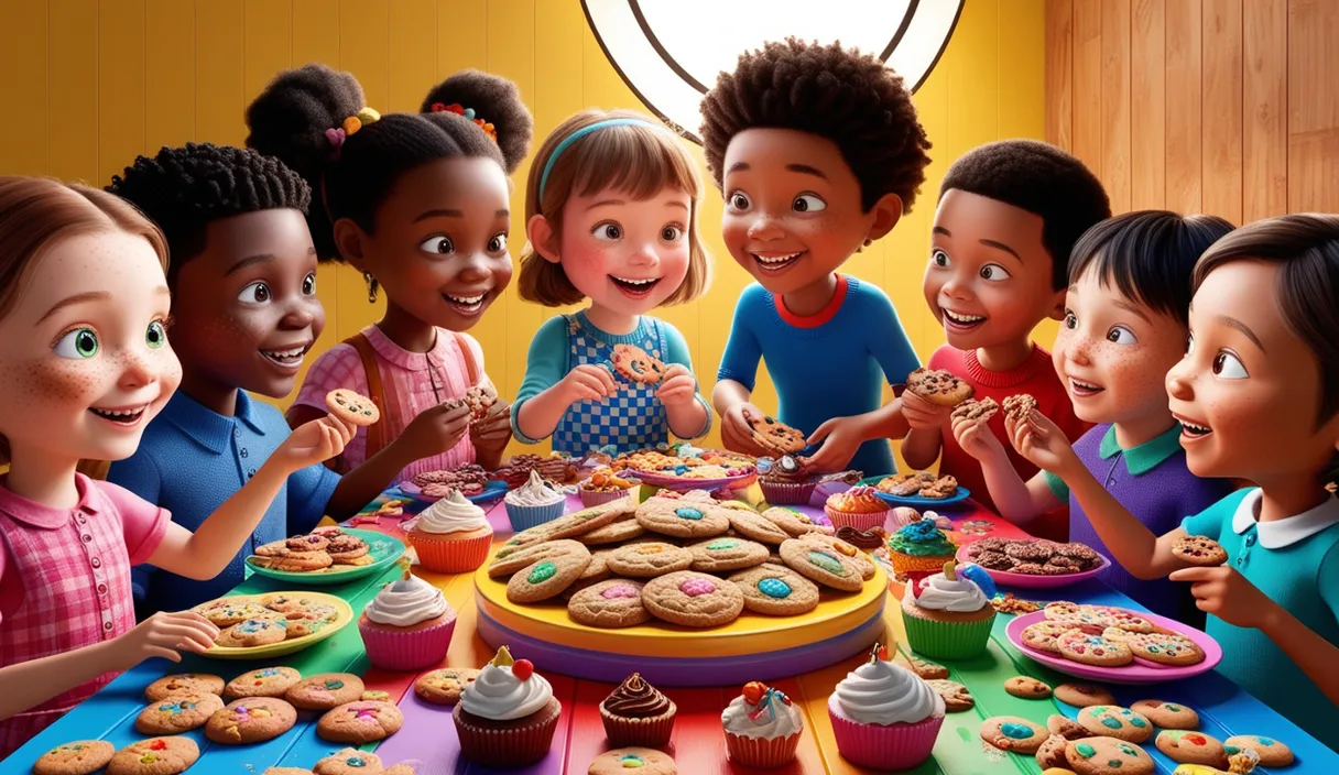 a group of children standing around a table with a cake and cupcakes