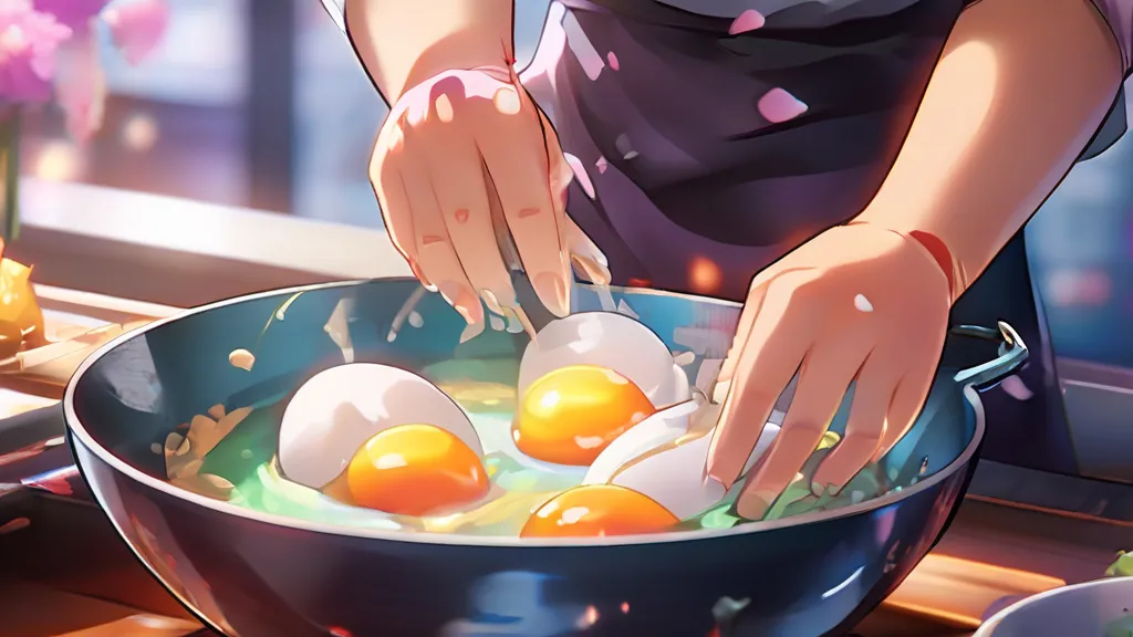 a woman cooking eggs in a pan on a counter