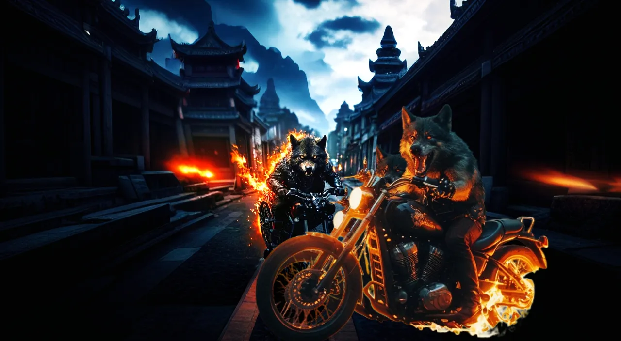 Motorcyclists cruising down an open road at sunset, with a vivid, fiery sky in the background