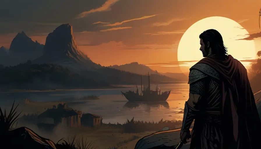 a man with a sword standing in front of a sunset