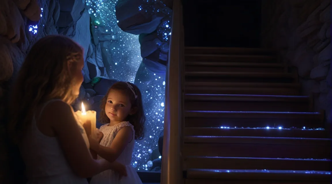 a little girl standing next to a woman holding a candle