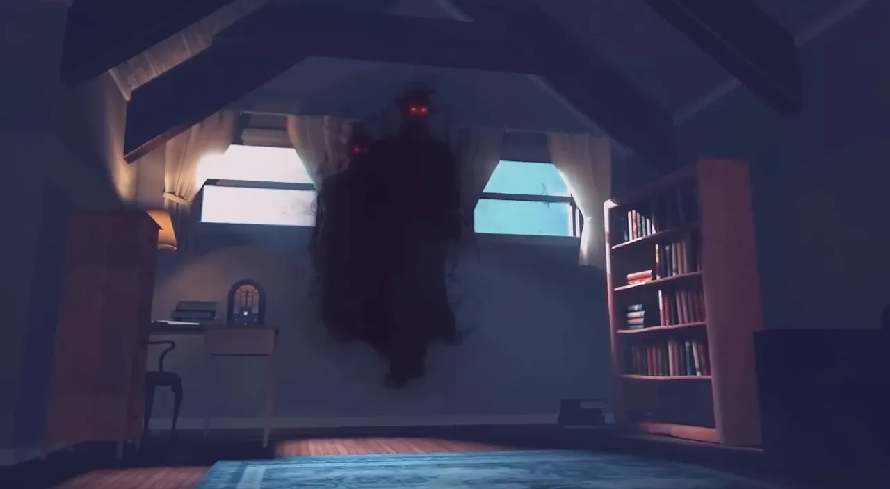 a creepy looking room with a book shelf