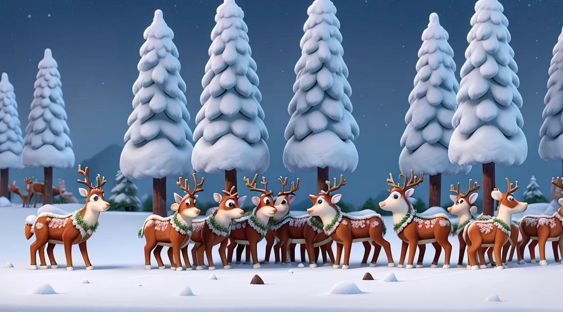 a group of reindeers standing in front of snow covered trees and all are happy