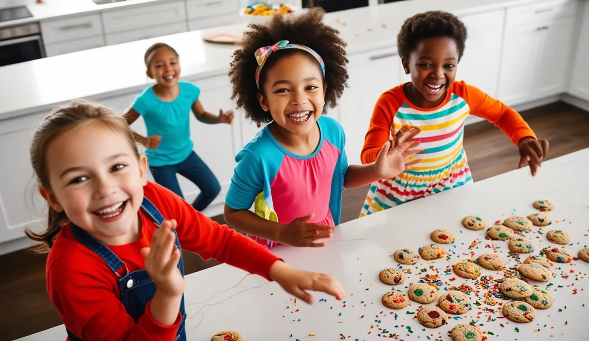 a group of children standing around a table with cookies on it