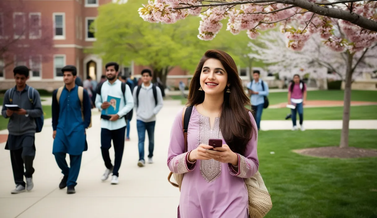 Campus Serenade: On a university campus, a Pakistani girl walking under a blossoming tree, a Bollywood song softly playing from her phone. The 4K wide shot captures students walking by and studying, but her smile and dreamy gaze reveal she is thinking about her boyfriend, who is attending a university in the United States, lost in her own romantic world.