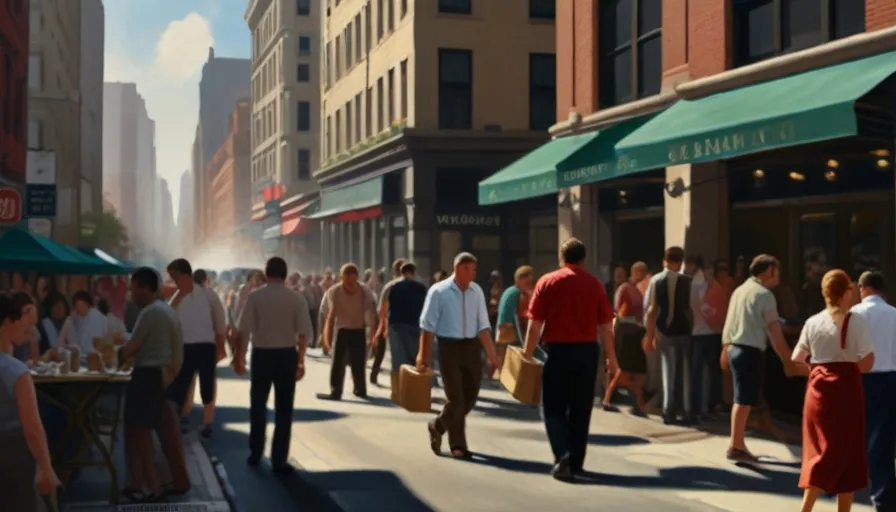 a crowd of people walking down a street next to tall buildings