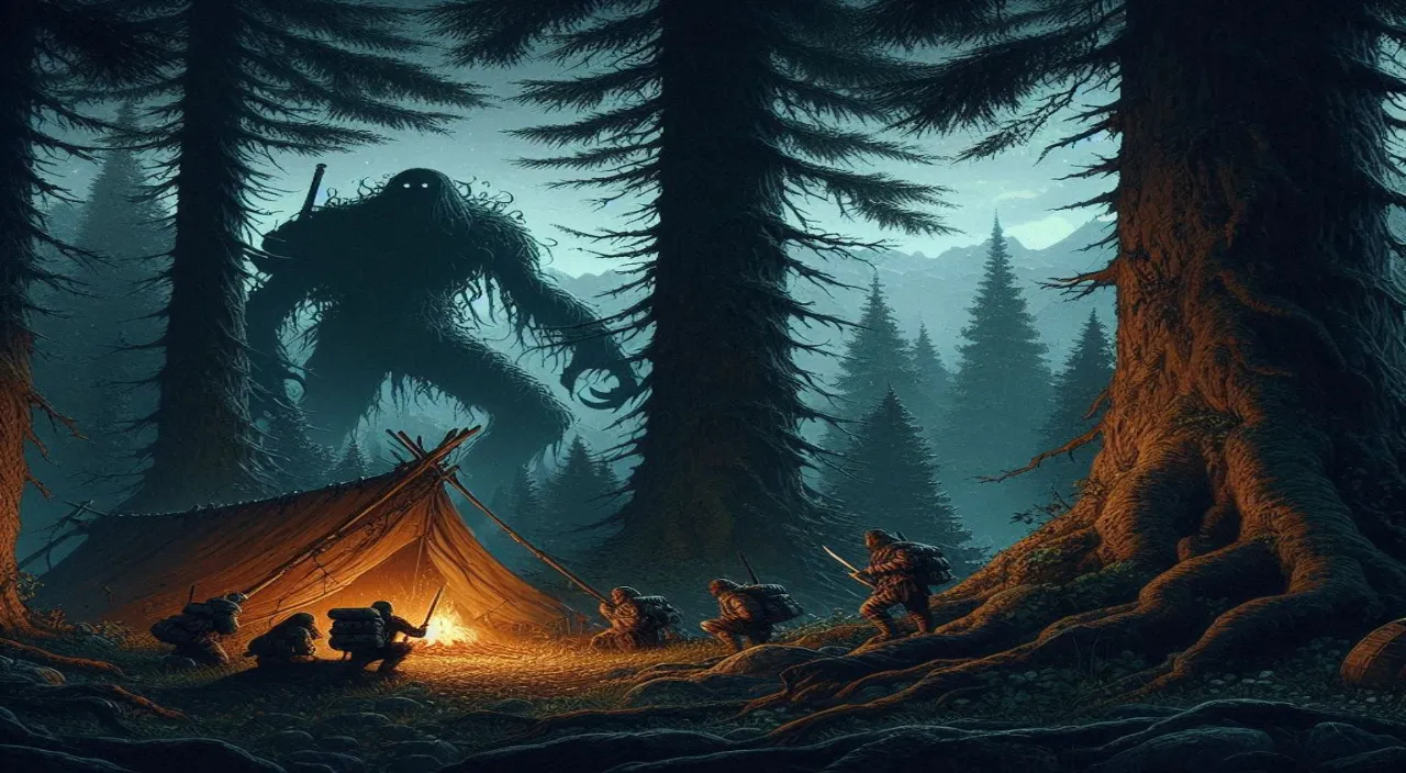 a painting of a group of people camping in the woods