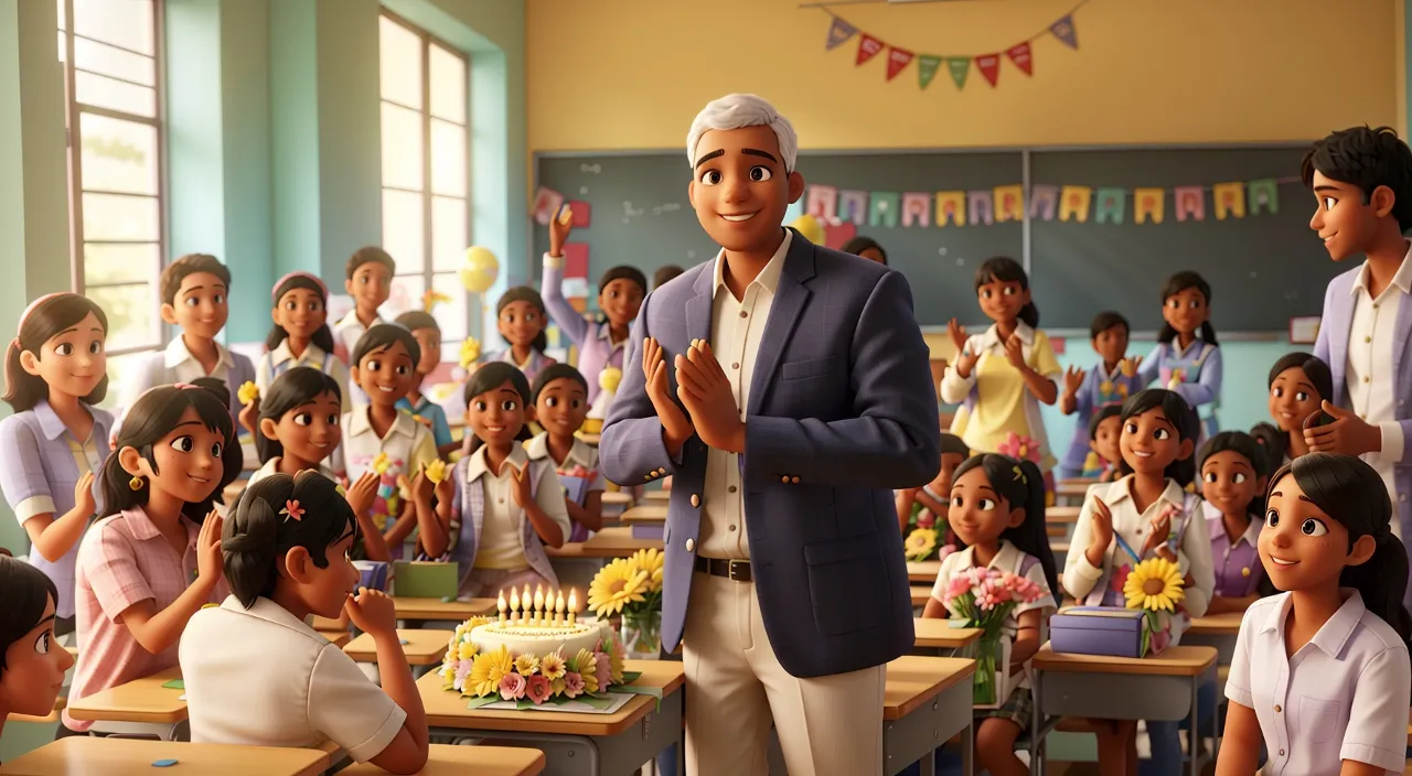 a man standing in front of a classroom full of children. Everyone’s love stund him. Slightly movement.