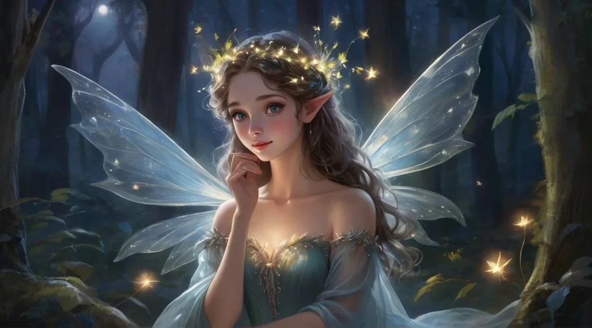 a fairy is smiling in the woods with her hands on her chin