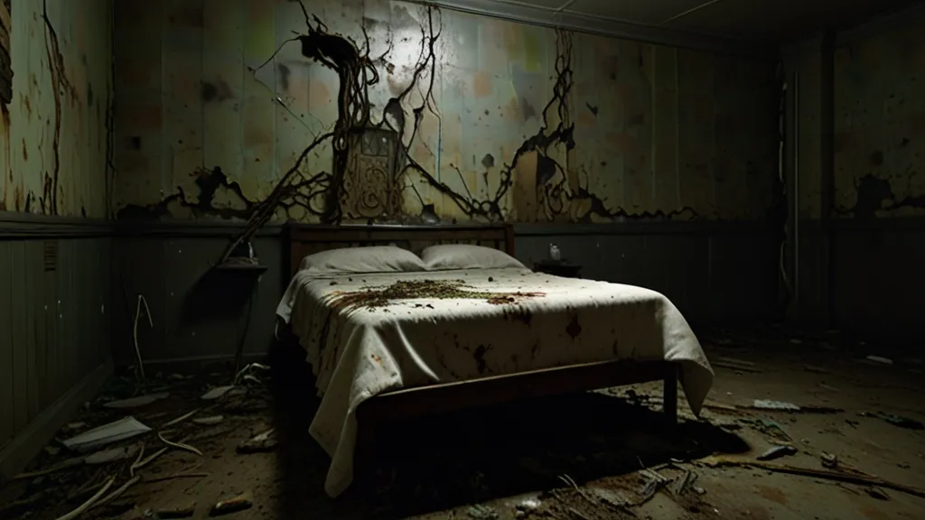 a bed sitting in a room with peeling paint on the walls