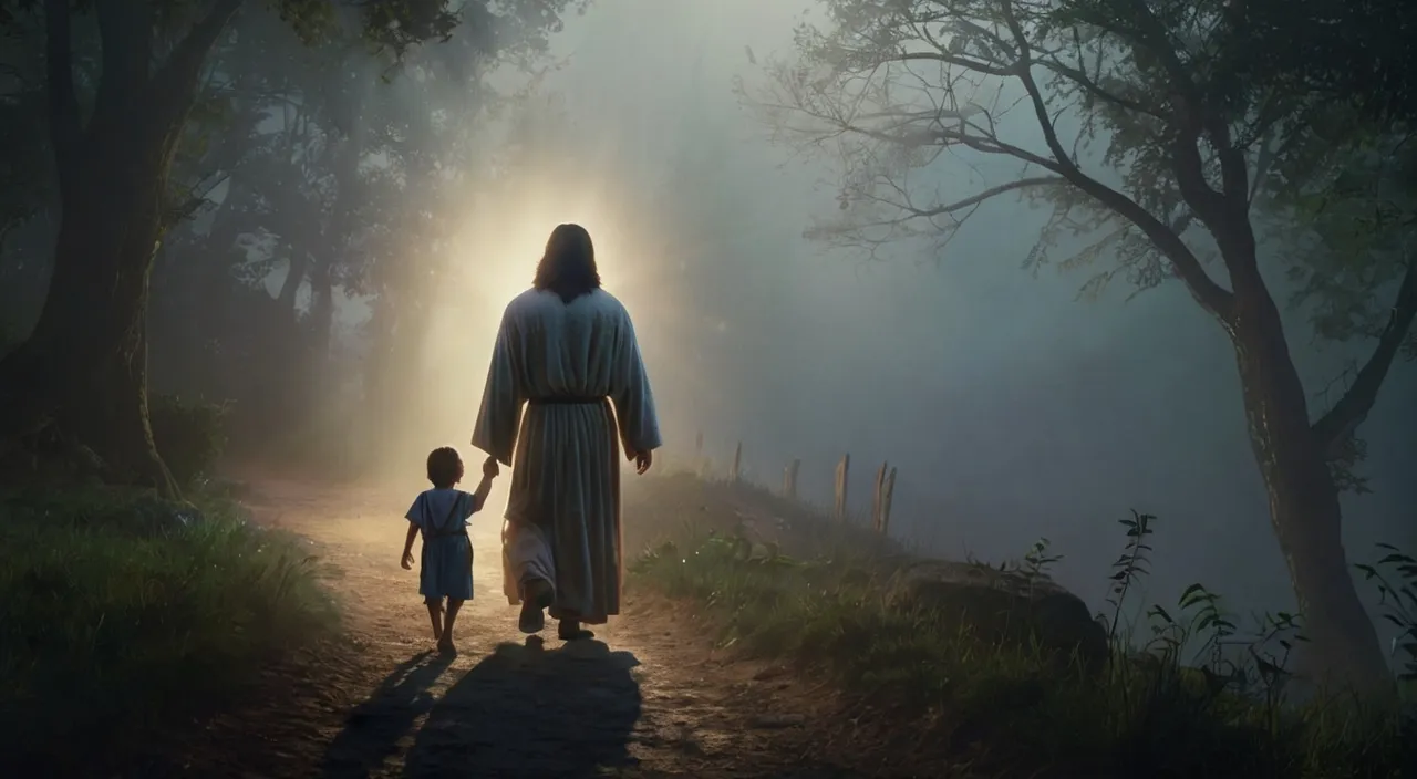 a woman and a child walking down a dirt road